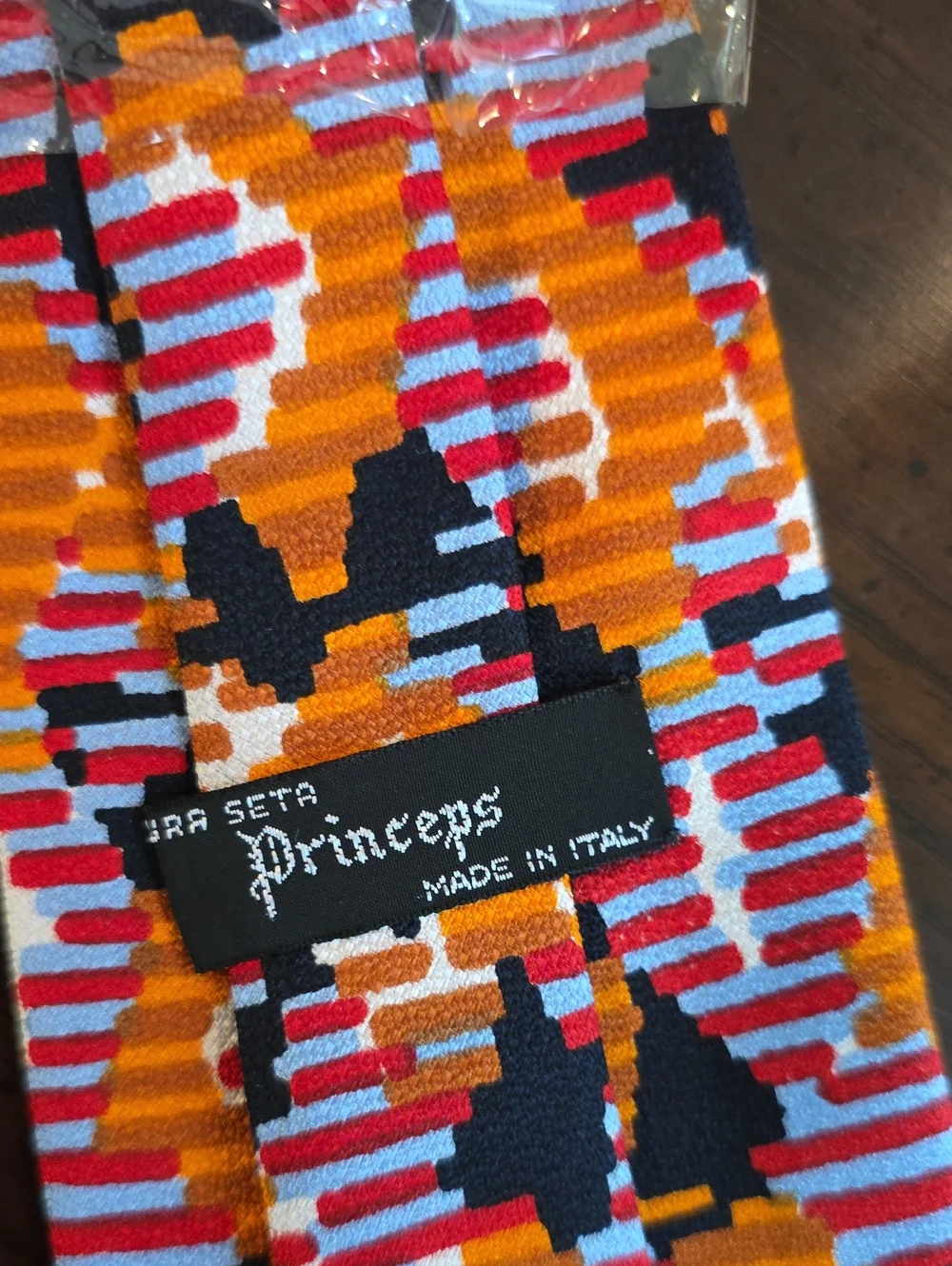 Princeps New In Package 100% Silk Orange, Navy and White Geometric Pattern Tie